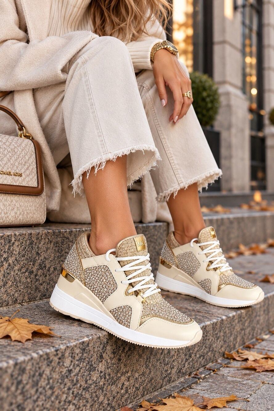 Michael Kors Liv Trainer Women's 6.5M Pale Gold Glitter Rhinestone Sneakers NIB